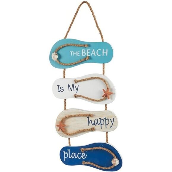 Wooden Beach Wall Hanging Decor Sign, Flip Flop Beach Decorations for Home - Picture 1 of 8